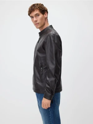 Reserved - Skórzana kurtka ze stójką - ciemnobrązowy