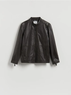 Reserved - Skórzana kurtka ze stójką - ciemnobrązowy