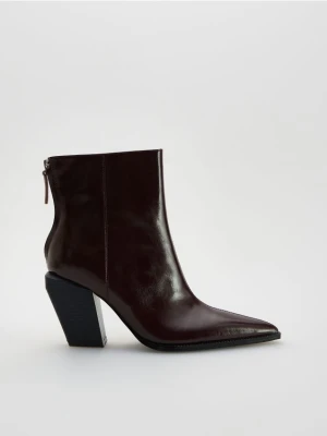Reserved - Skórzane botki na obcasie - bordowy