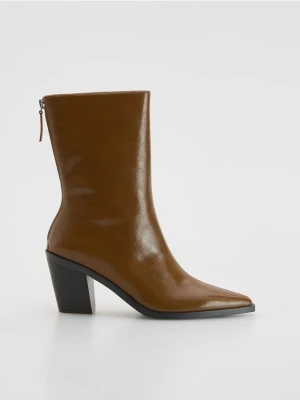 Reserved - Skórzane botki na obcasie - bursztynowy