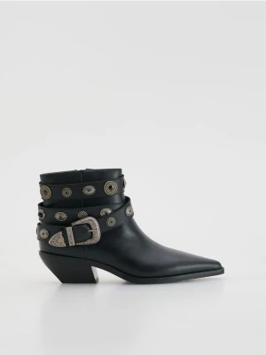Reserved - Skórzane botki z paskami - czarny