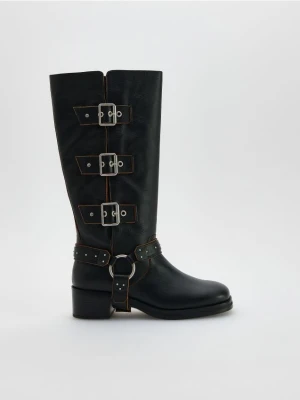 Reserved - Skórzane kozaki biker - czarny