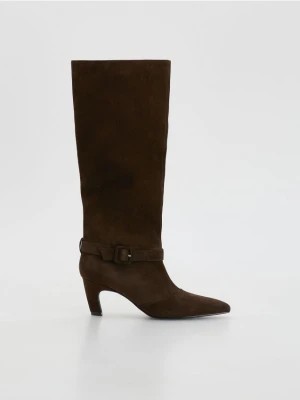 Reserved - Skórzane kozaki na obcasie - ciemnobrązowy