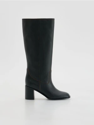 Reserved - Skórzane kozaki na obcasie - czarny