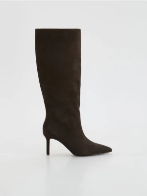 Reserved - Skórzane kozaki na szpilce - brązowy