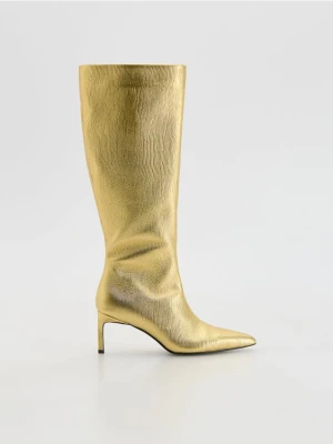 Reserved - Skórzane kozaki na szpilce - złoty