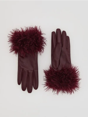 Reserved - Skórzane rękawiczki z futerkiem - mahoniowy