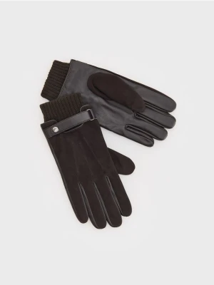 Reserved - Skórzane rękawiczki z łączonych materiałów - ciemnobrązowy