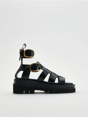 Reserved - Skórzane sandały z paskami - czarny