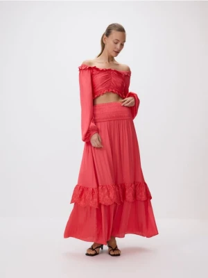 Reserved - Spódnica maxi z haftem - koralowy