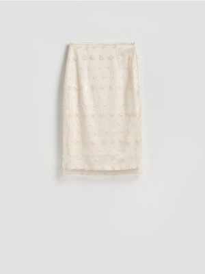 Reserved - Spódnica midi z cekinami - złamana biel