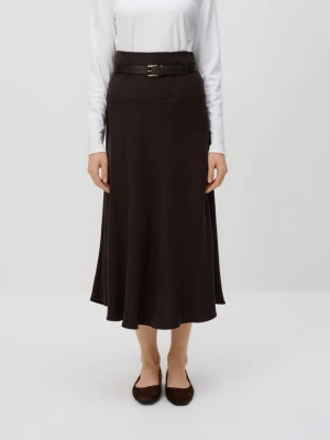 Reserved - Spódnica midi z paskiem - ciemnobrązowy