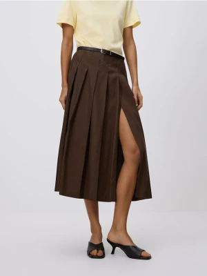 Reserved - Spódnica midi z paskiem - ciemnobrązowy