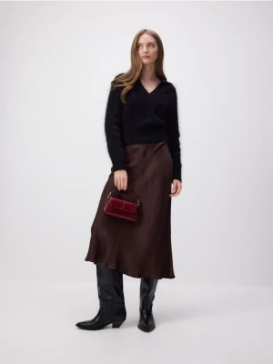 Reserved - Spódnica midi z satynowym wykończeniem - ciemnobrązowy