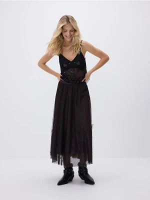 Reserved - Spódnica z koronkowym zdobieniem - ciemnobrązowy