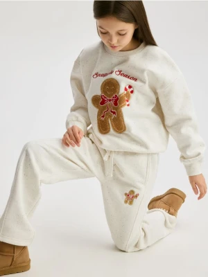 Reserved - Spodnie dresowe ze świątecznym haftem - złamana biel