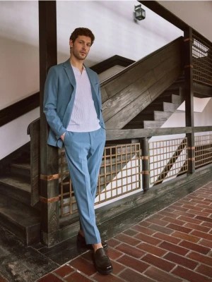 Reserved - Spodnie garniturowe z domieszką lnu - granatowy