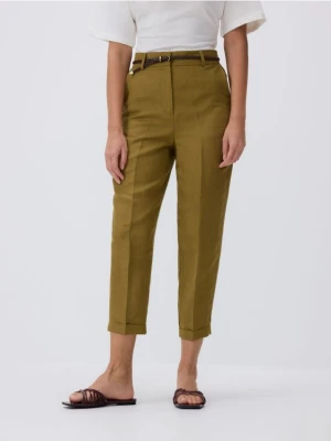 Reserved - Spodnie w kant z lnem - oliwkowy
