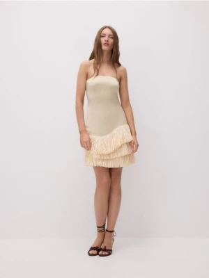 Reserved - Sukienka bandeau z frędzlami - kremowy