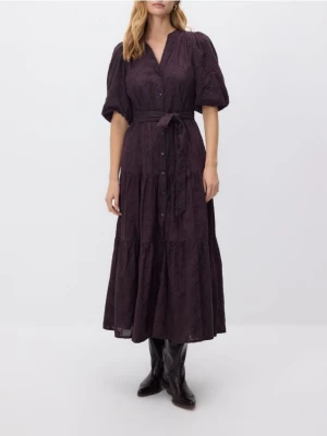 Reserved - Sukienka maxi z haftem - bordowy