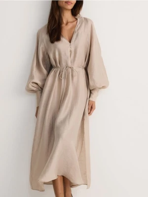 Reserved - Sukienka maxi z lnem - kremowy