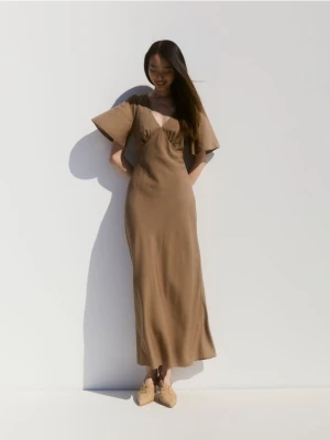 Reserved - Sukienka maxi z lnem - oliwkowy