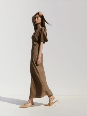 Reserved - Sukienka maxi z lnem - oliwkowy