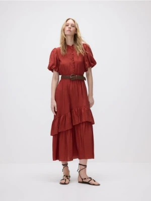 Reserved - Sukienka maxi z paskiem - bordowy