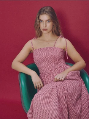 Reserved - Sukienka midi w kratkę - czerwony