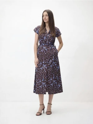 Reserved - Sukienka midi w kwiaty - ciemnobrązowy