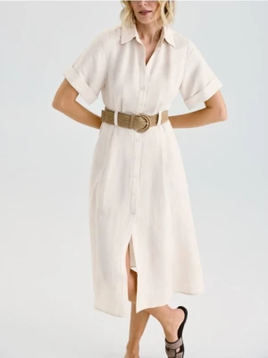 Reserved - Sukienka midi z dodatkiem lnu - beżowy