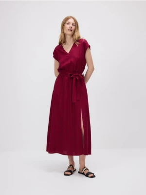 Reserved - Sukienka midi z dodatkiem lnu - bordowy