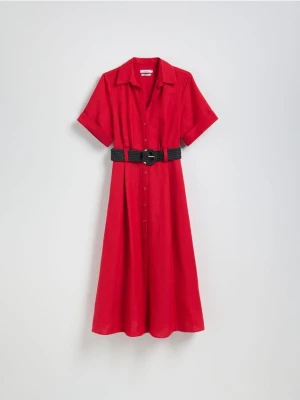 Reserved - Sukienka midi z dodatkiem lnu - czerwony