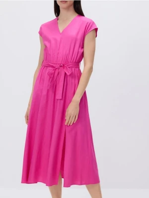 Reserved - Sukienka midi z dodatkiem lnu - fuksja