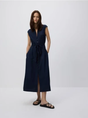 Reserved - Sukienka midi z dodatkiem lnu - granatowy