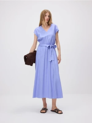 Reserved - Sukienka midi z dodatkiem lnu - jasnoniebieski