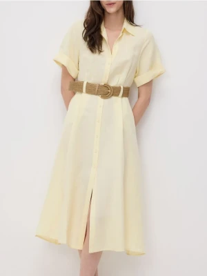 Reserved - Sukienka midi z dodatkiem lnu - jasnożółty