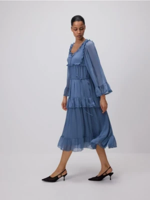 Reserved - Sukienka midi z falbanami - niebieski