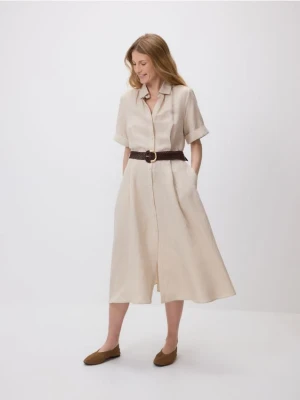 Reserved - Sukienka midi z lnem - beżowy