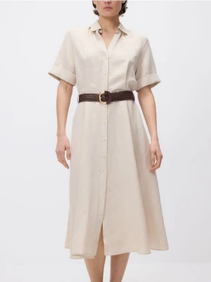 Reserved - Sukienka midi z lnem - beżowy