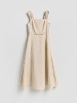 Reserved - Sukienka midi z lnem - beżowy