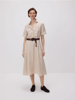 Reserved - Sukienka midi z lnem - beżowy