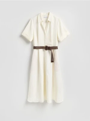 Reserved - Sukienka midi z lnem - biały