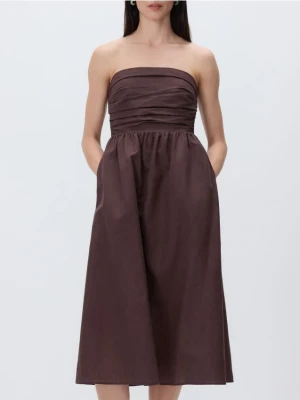 Reserved - Sukienka midi z lnem - brązowy