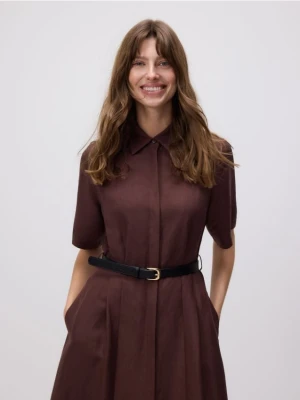 Reserved - Sukienka midi z lnem - brązowy