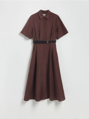 Reserved - Sukienka midi z lnem - brązowy