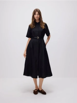 Reserved - Sukienka midi z lnem - czarny