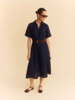 Reserved - Sukienka midi z lnem - granatowy