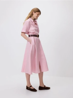 Reserved - Sukienka midi z lnem - pastelowy róż