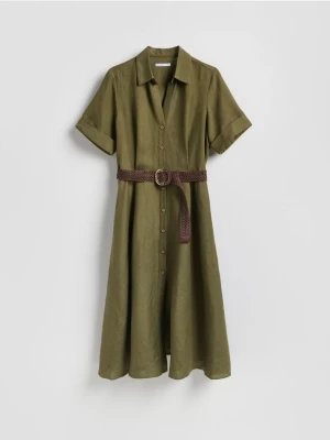 Reserved - Sukienka midi z lnem - zielony